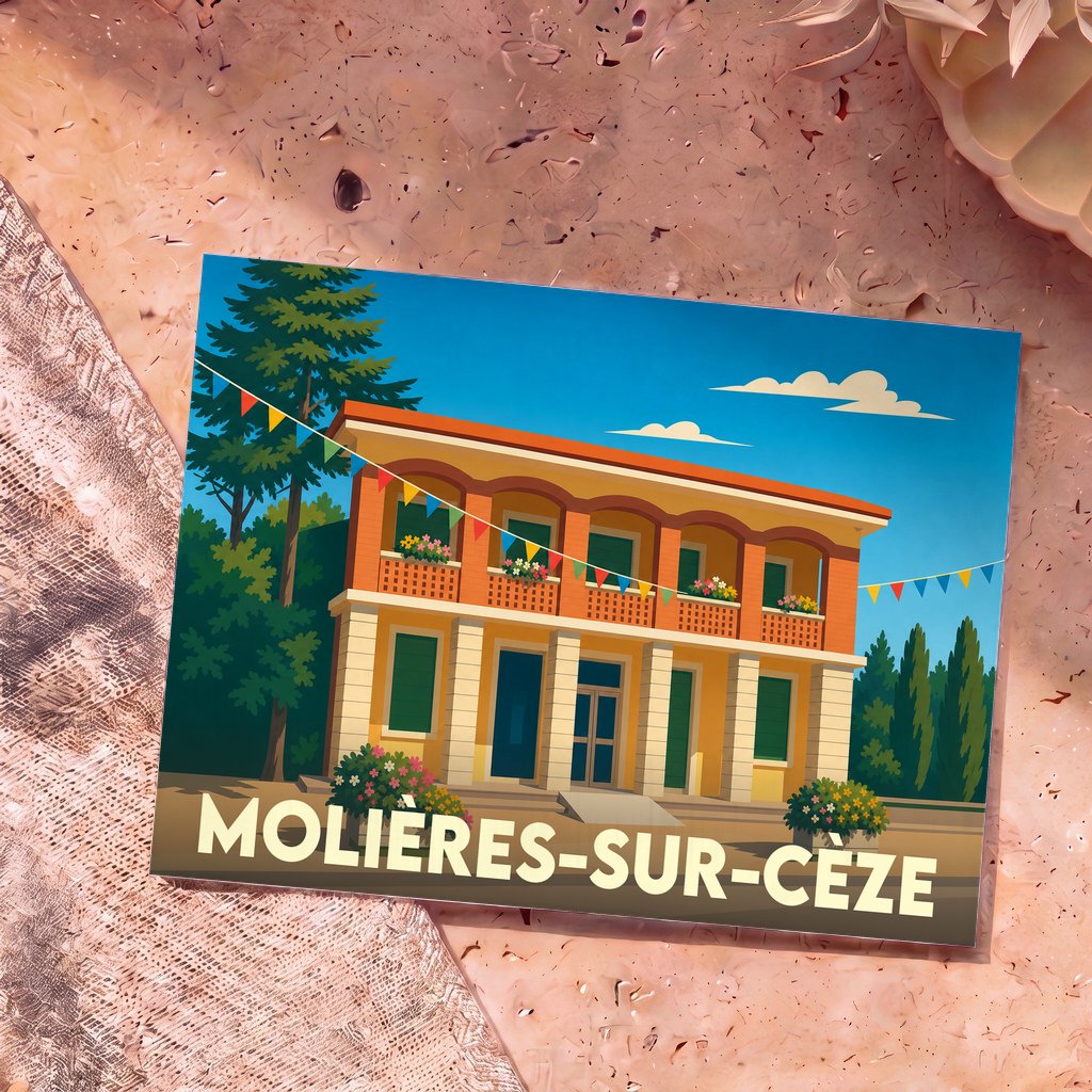 Carte postale souvenir de la ville de Molières-sur-Cèze avec une illustration stylisée d'un bâtiment festif.