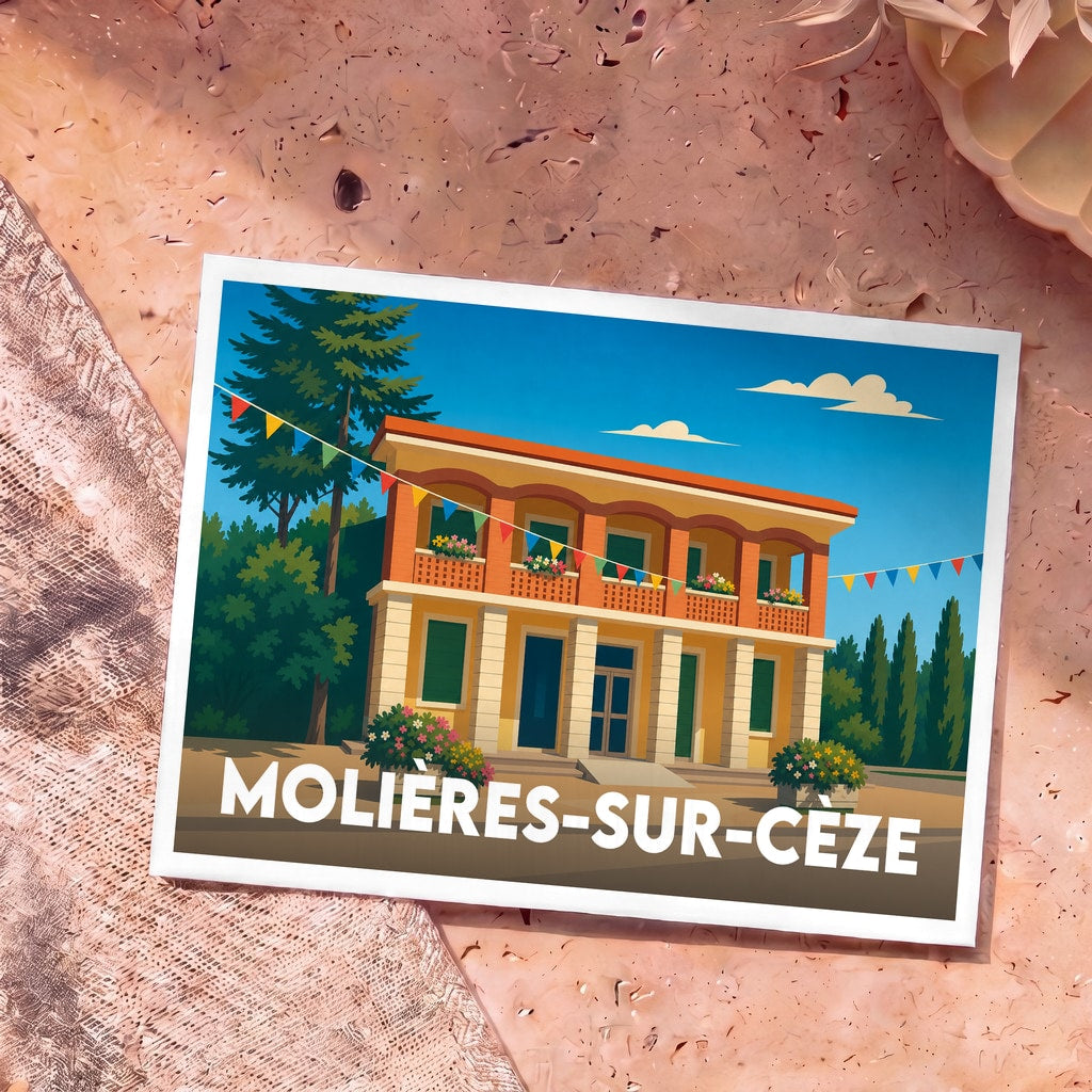 Carte postale souvenir de la ville de Molières-sur-Cèze avec une illustration stylisée d'un bâtiment festif.