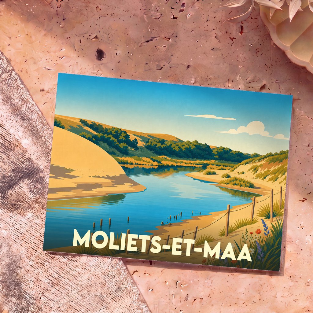 Carte postale souvenir de la ville de Moliets-et-Maa avec une illustration stylisée de son paysage côtier.