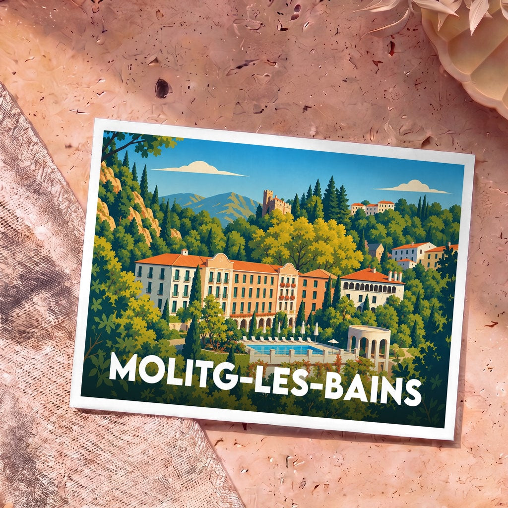 Carte postale souvenir de la ville de Molitg-les-Bains avec une illustration stylisée d'un domaine thermal niché dans la verdure.