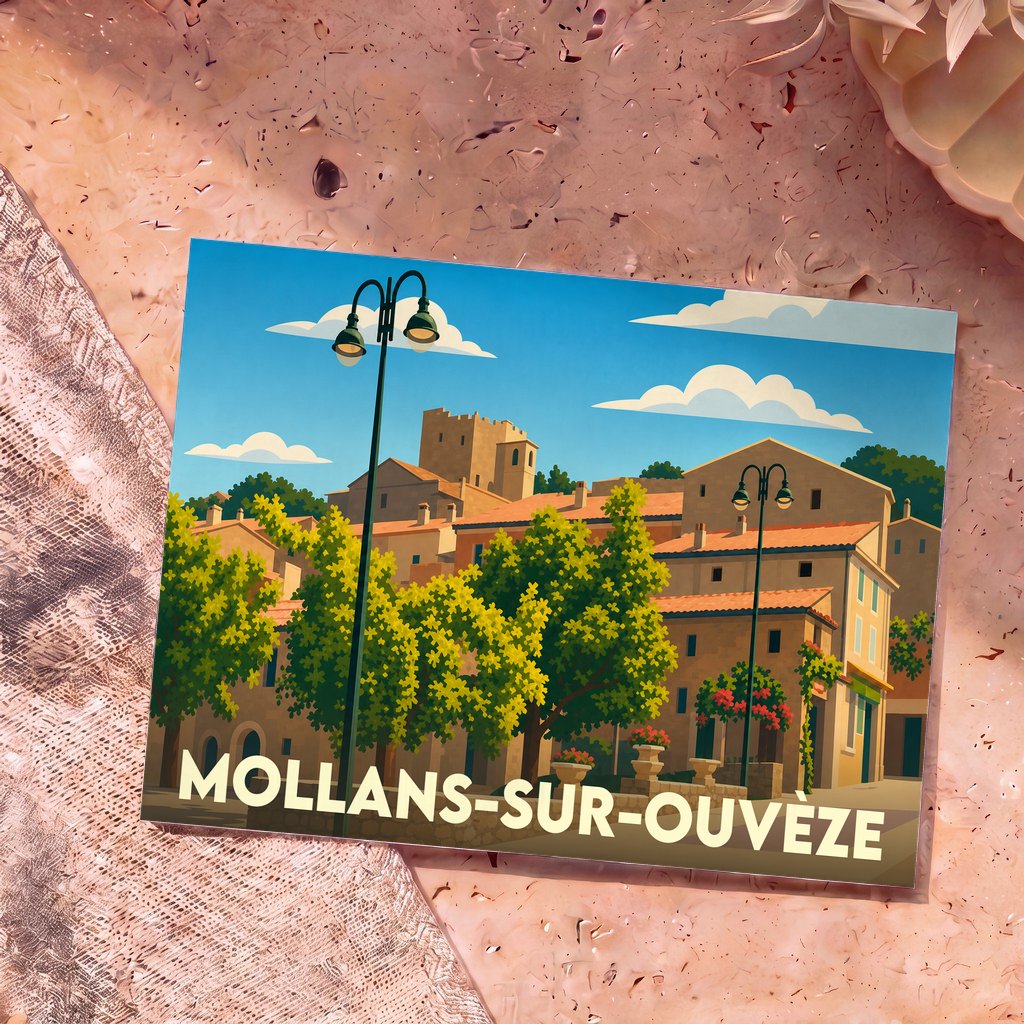 Carte postale souvenir de Mollans-sur-Ouvèze avec une illustration stylisée du village et de son château sous un ciel bleu.