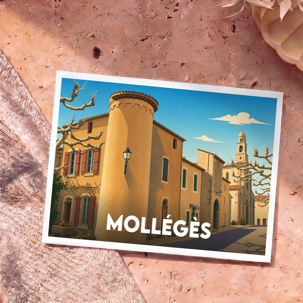 Carte postale souvenir de la ville de Mollégès avec une illustration stylisée de ses bâtiments provençaux.