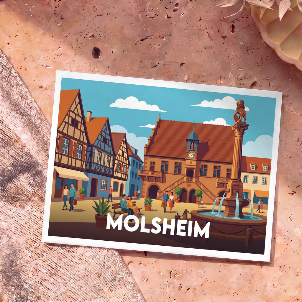 Carte postale souvenir de la ville de Molsheim avec une illustration stylisée de sa place historique et de sa fontaine.