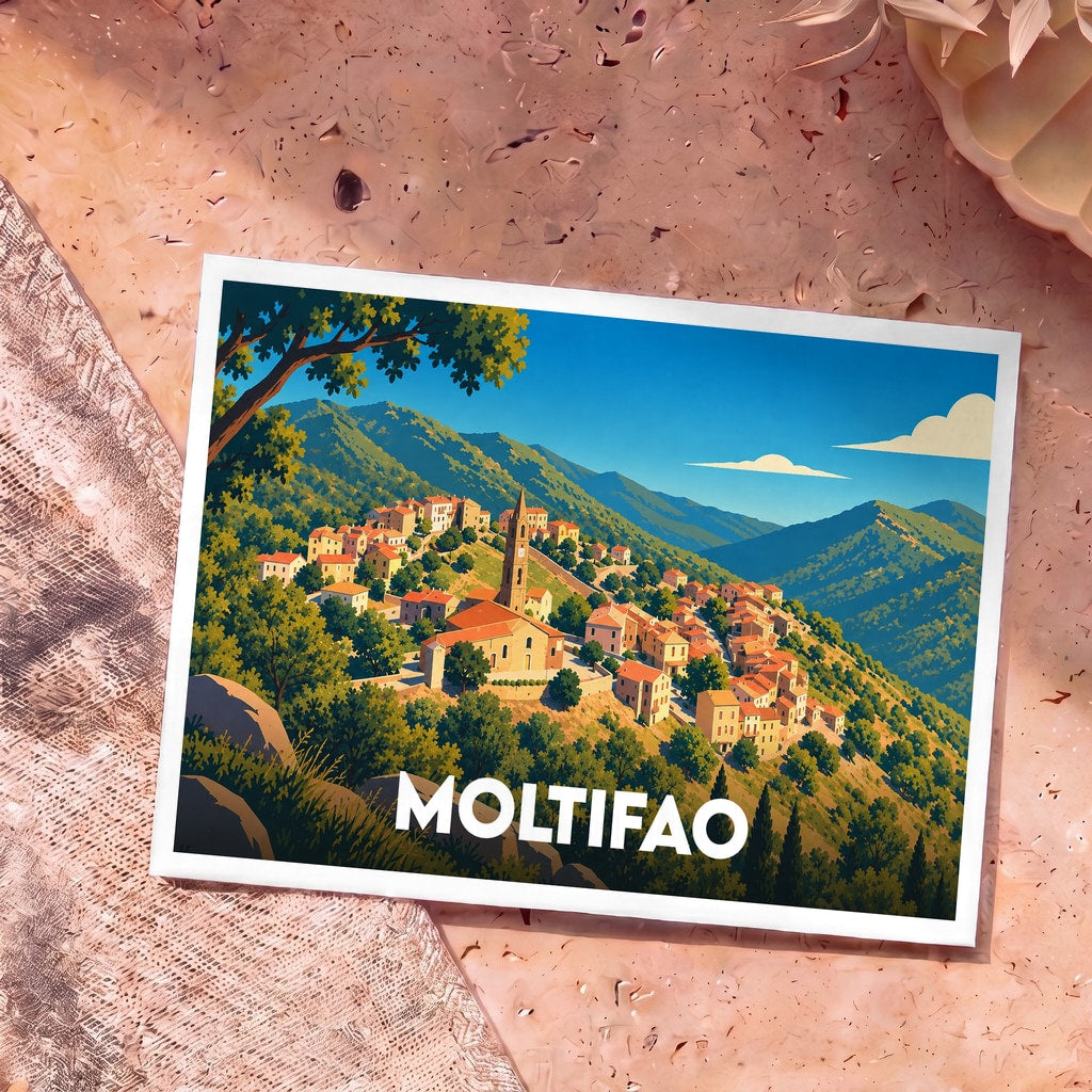Carte postale souvenir de la ville de Moltifao illustrant le village corse à flanc de montagne dans un style vintage coloré.