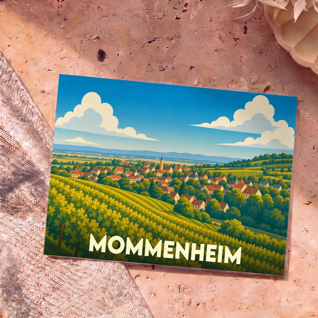 Carte postale souvenir de la ville de Mommenheim avec une illustration stylisée de son paysage de vignobles.