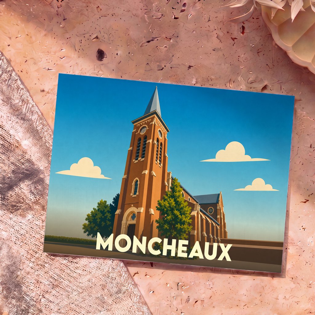 Carte postale souvenir de la ville de Moncheaux avec une illustration stylisée de son église sous un ciel bleu.