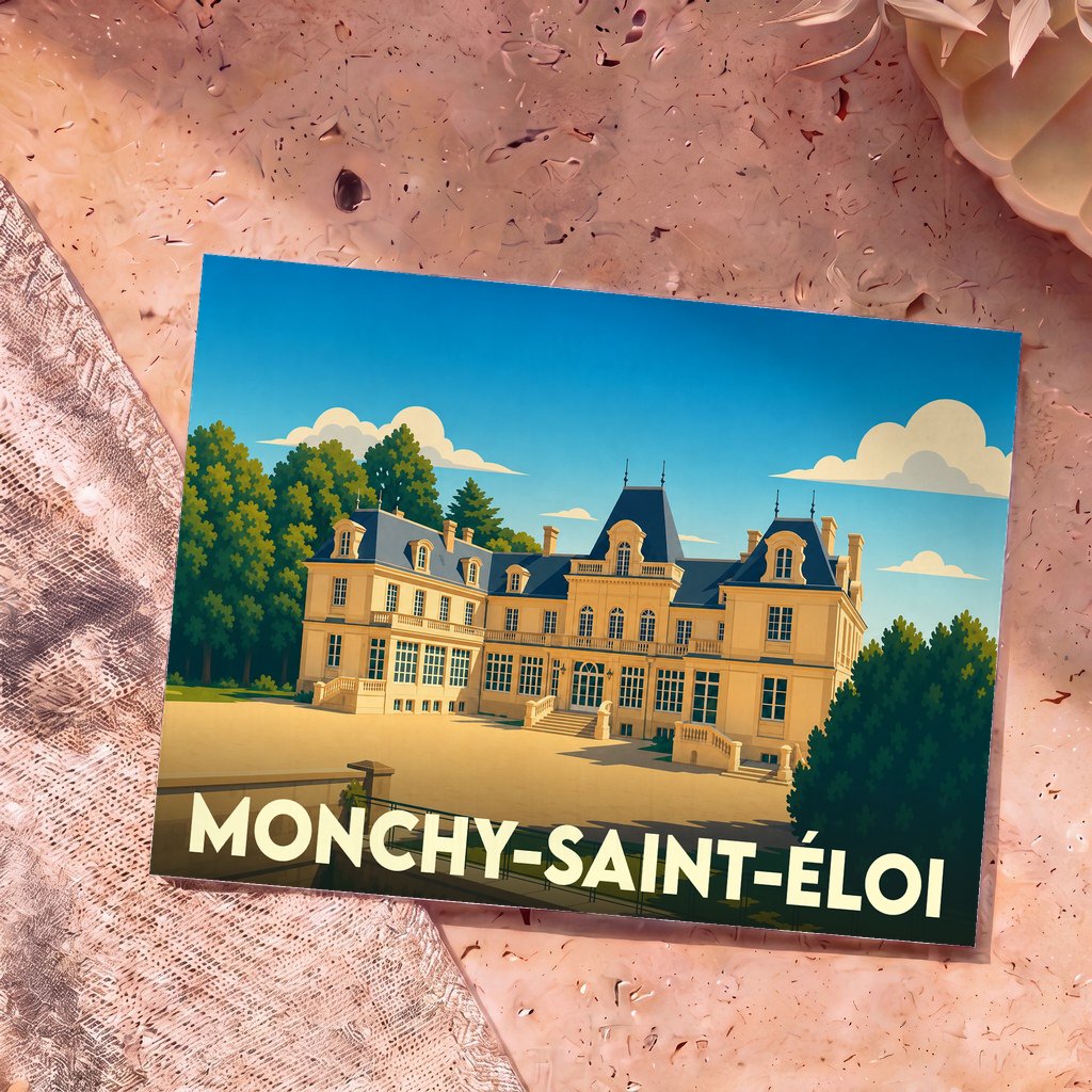 Carte postale souvenir de la ville de Monchy-Saint-Éloi avec une illustration stylisée d'un château.