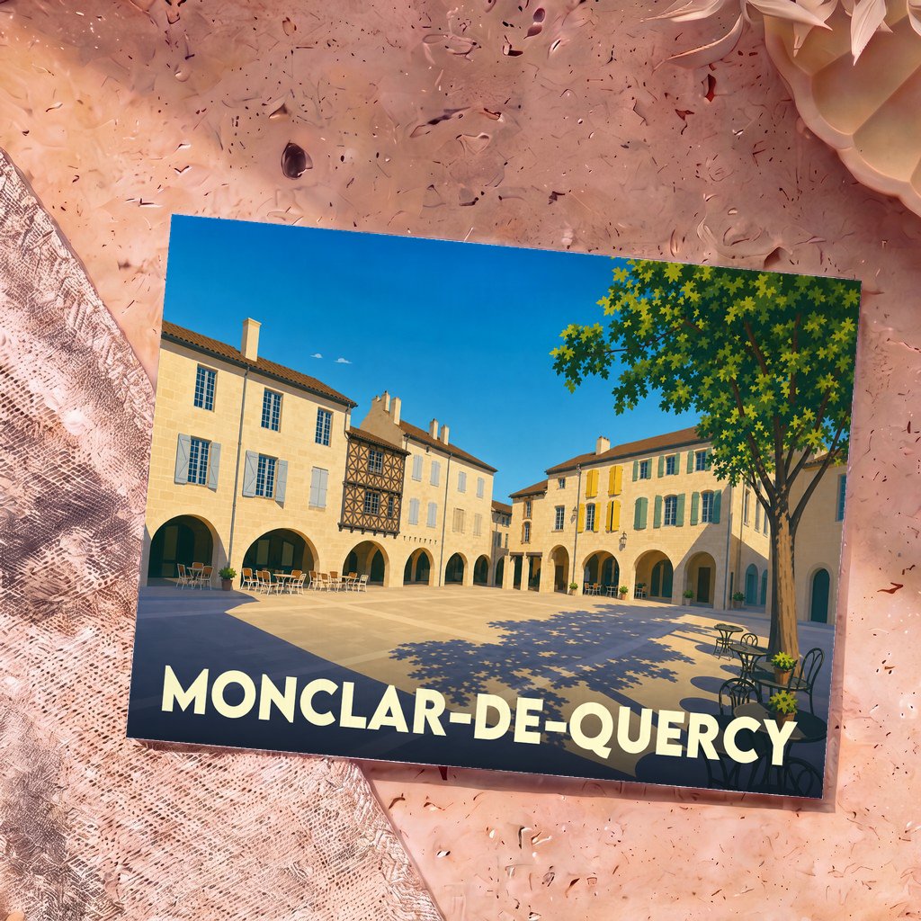Carte postale souvenir de la ville de Monclar-de-Quercy avec une illustration stylisée de sa place principale.