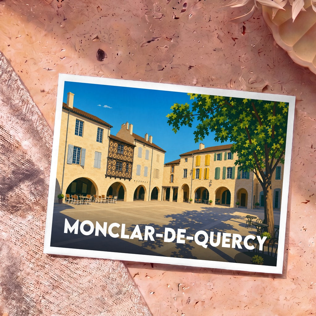 Carte postale souvenir de la ville de Monclar-de-Quercy avec une illustration stylisée de sa place principale.