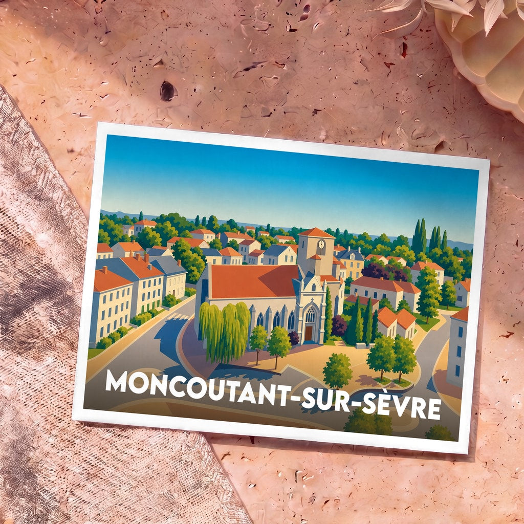 Carte postale souvenir de la ville de Moncoutant-sur-Sèvre avec une illustration stylisée.