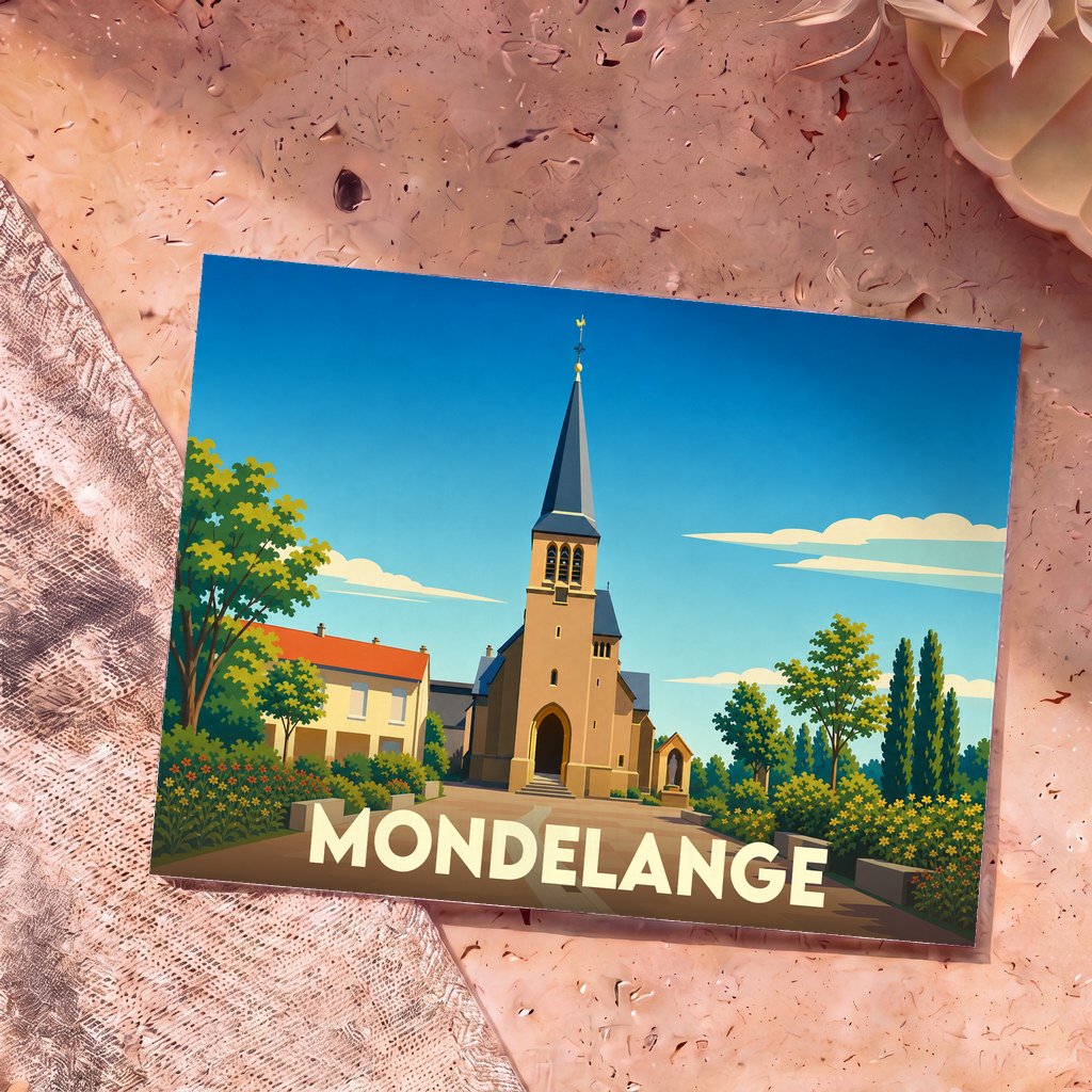 Carte postale souvenir de la ville de Mondelange avec une illustration stylisée de son église.