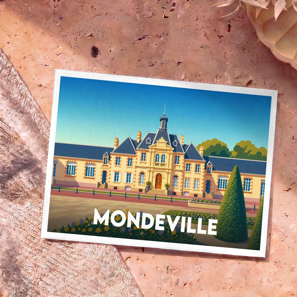 Carte postale souvenir de la ville de Mondeville avec une illustration stylisée de son hôtel de ville.