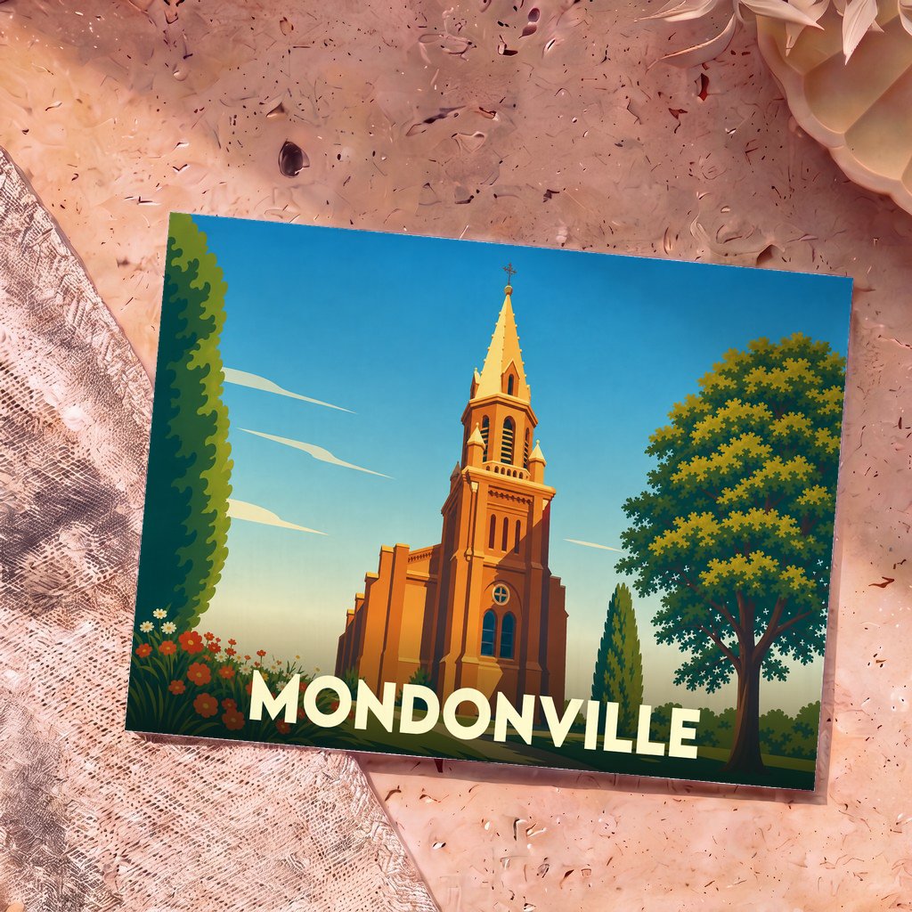Carte postale souvenir de la ville de Mondonville avec une illustration stylisée de son église.