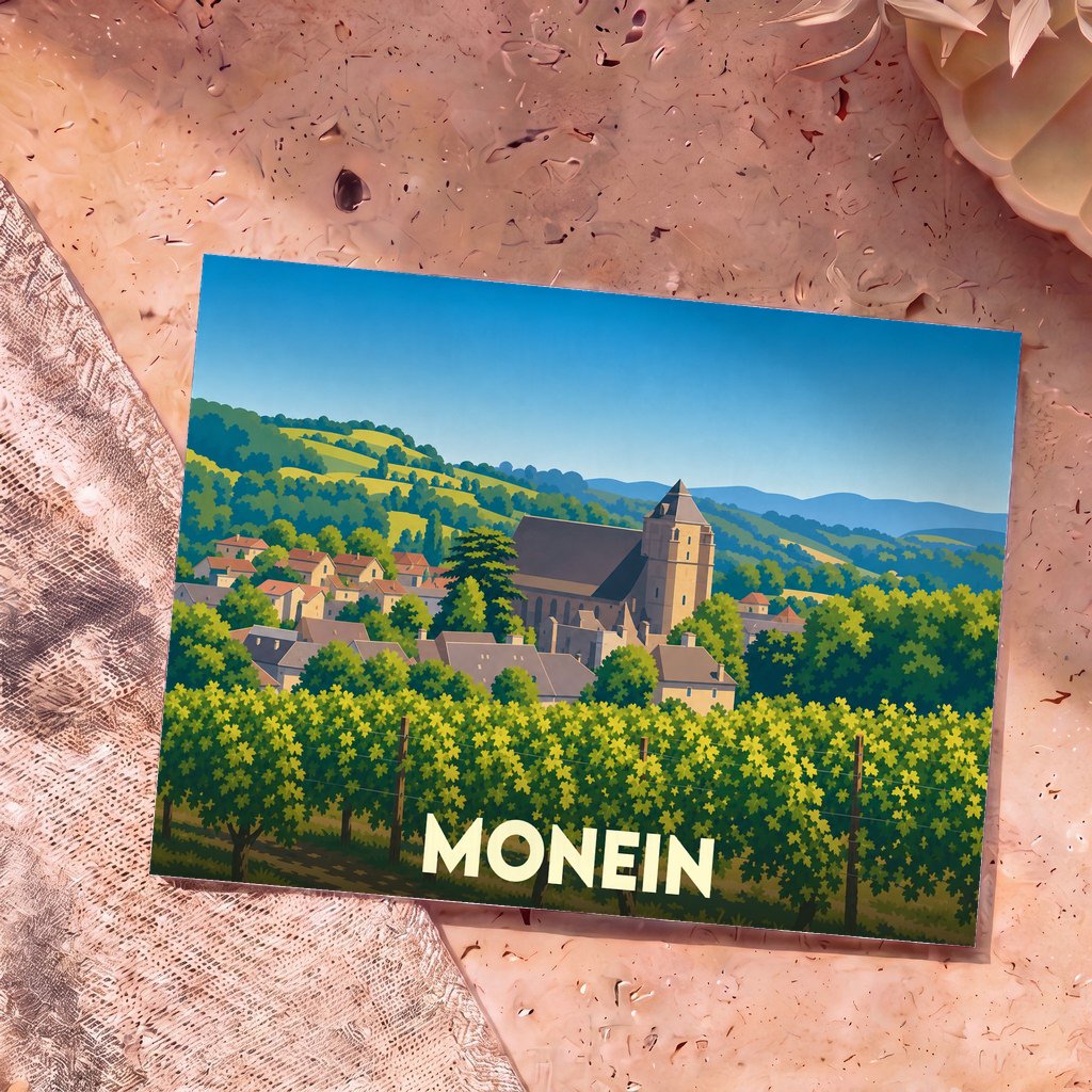 Carte postale souvenir de la ville de Monein avec une illustration stylisée de son église, de ses maisons et de ses vignobles.