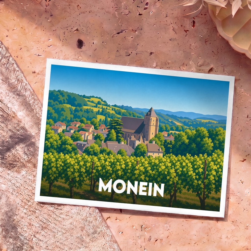 Carte postale souvenir de la ville de Monein avec une illustration stylisée de son église, de ses maisons et de ses vignobles.