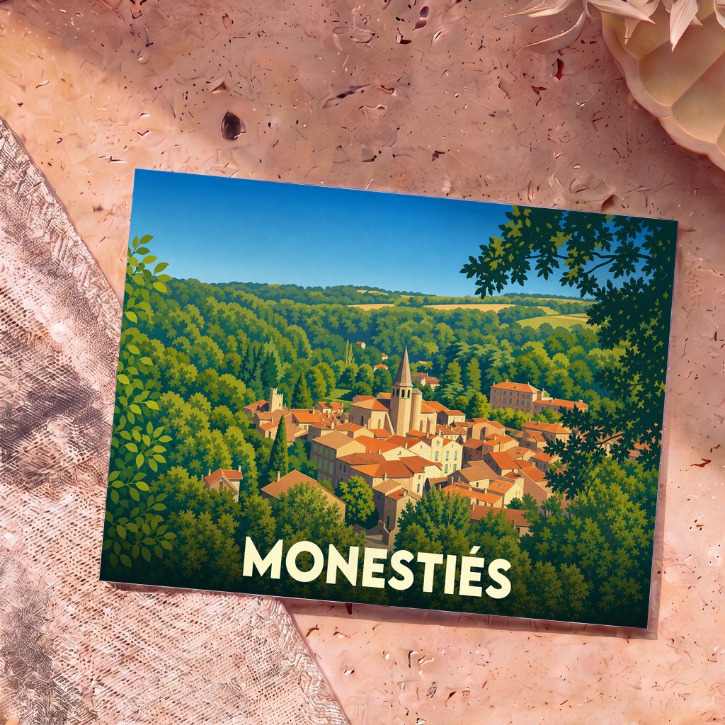 Carte postale souvenir de la ville de Monestiés avec une illustration stylisée d'un village médiéval niché dans la verdure.