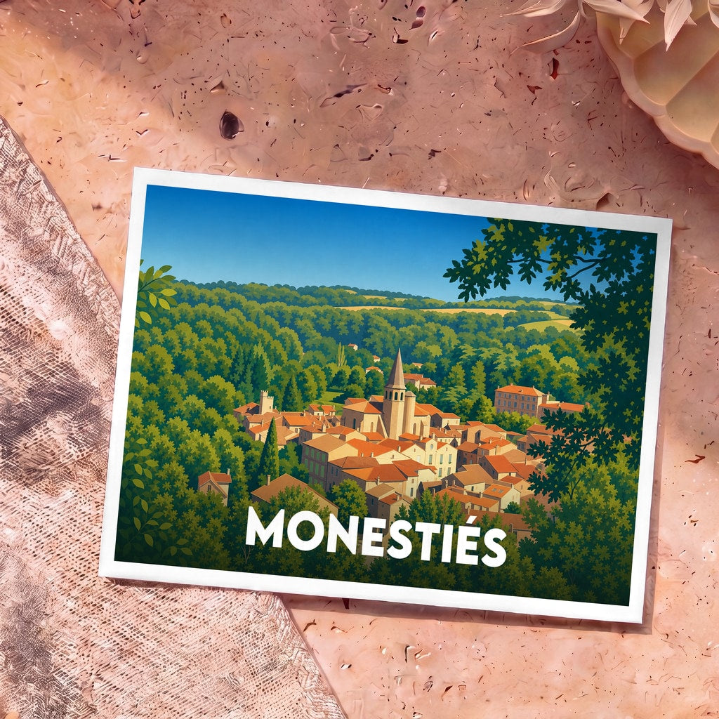 Carte postale souvenir de la ville de Monestiés avec une illustration stylisée d'un village médiéval niché dans la verdure.