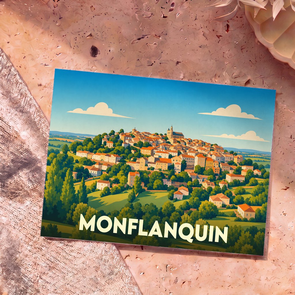 Carte postale souvenir de la ville de Monflanquin avec une illustration stylisée de son village perché.