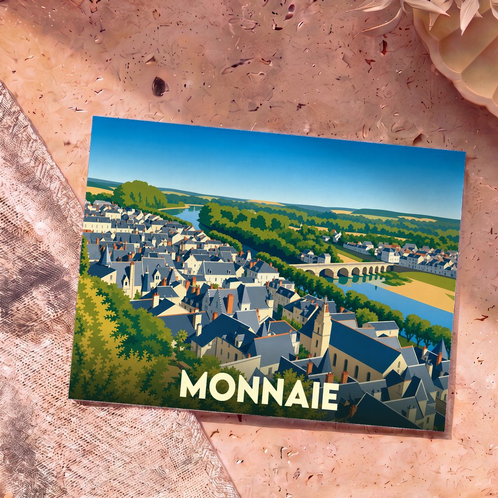 Carte postale souvenir de la ville de Monnaie avec une illustration stylisée d'un panorama urbain en bord de rivière.