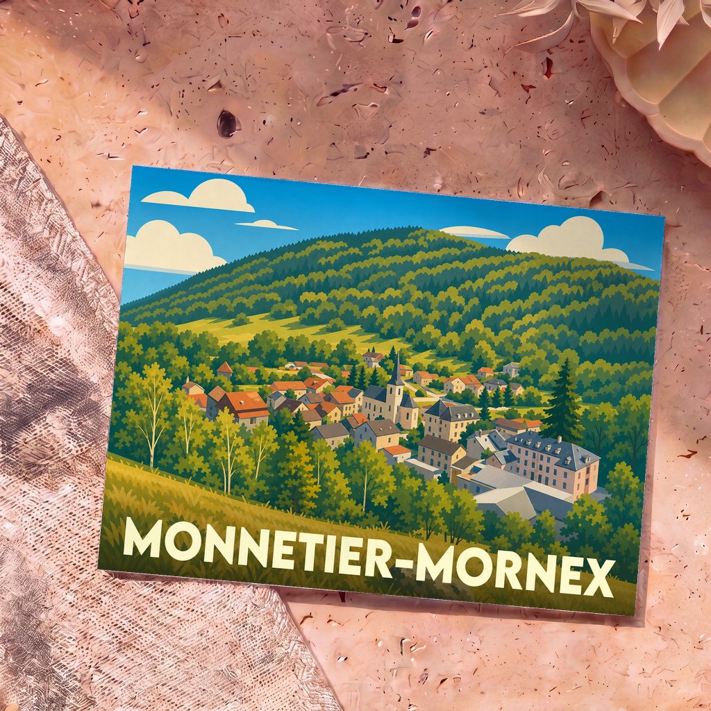 Carte postale souvenir de la ville de Monnetier-Mornex avec une illustration stylisée d'un village de montagne.