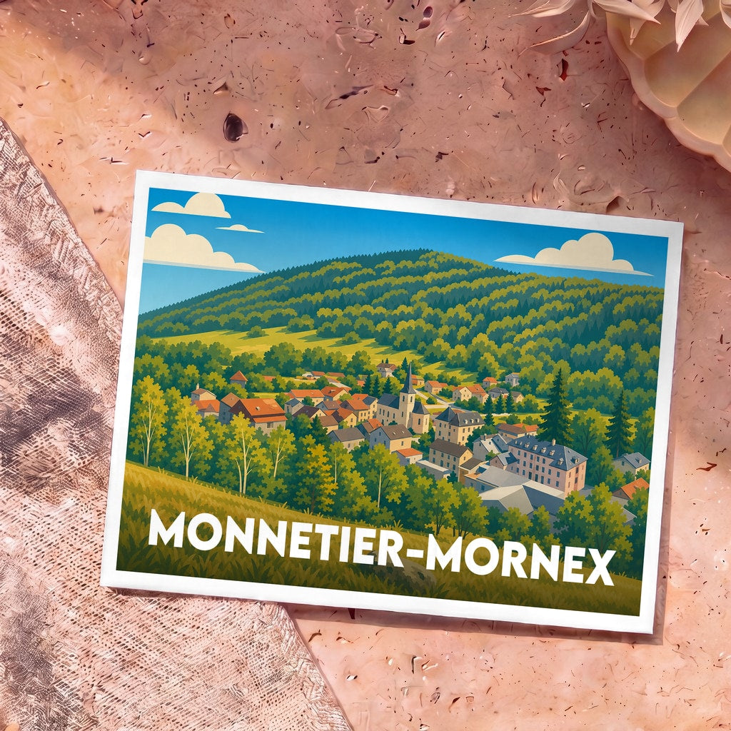 Carte postale souvenir de la ville de Monnetier-Mornex avec une illustration stylisée d'un village de montagne.