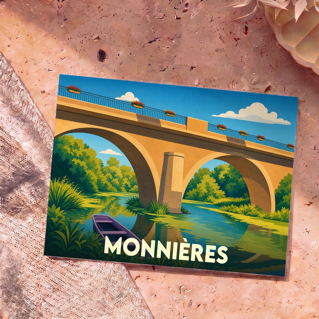 Carte postale souvenir de la ville de Monnières avec une illustration stylisée d'un pont en pierre surplombant une rivière.