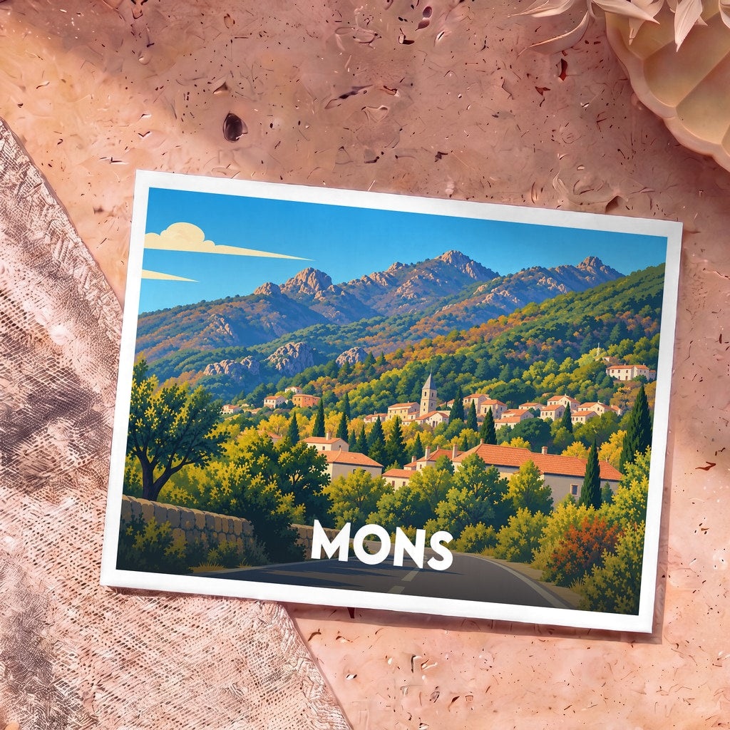 Carte postale souvenir de la ville de Mons avec une illustration stylisée d'un village de montagne.