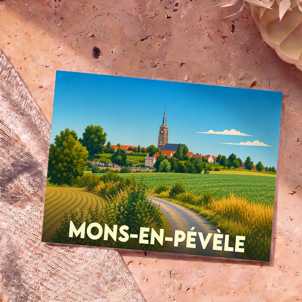 Carte postale souvenir de la ville de Mons-en-Pévèle illustrant son église et ses paysages vallonnés dans un style rétro.