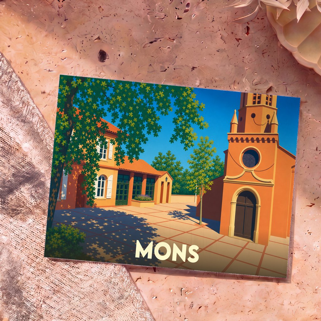 Carte postale souvenir de la ville de Mons avec une illustration stylisée d'une place ensoleillée et son église.