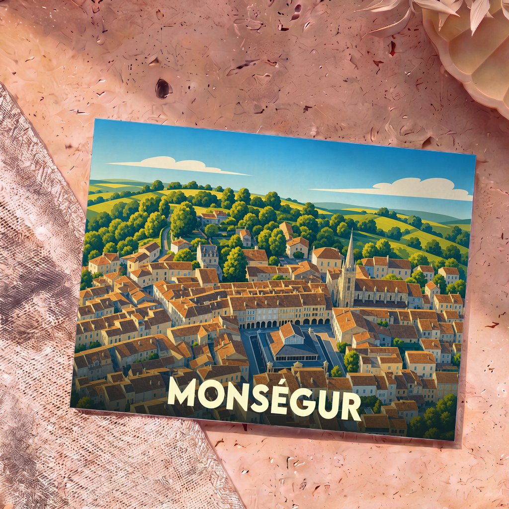 Carte postale souvenir de la ville de Monségur avec une illustration stylisée en vue aérienne.