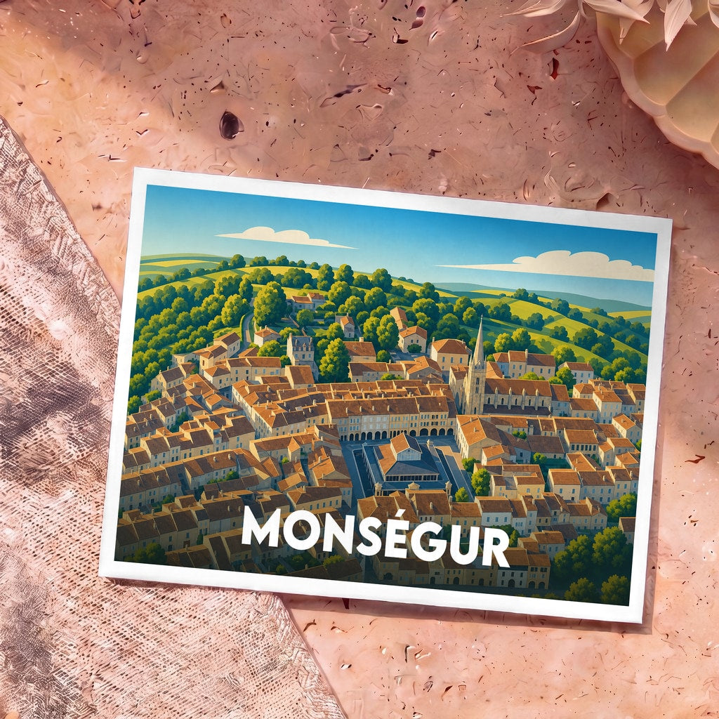 Carte postale souvenir de la ville de Monségur avec une illustration stylisée en vue aérienne.