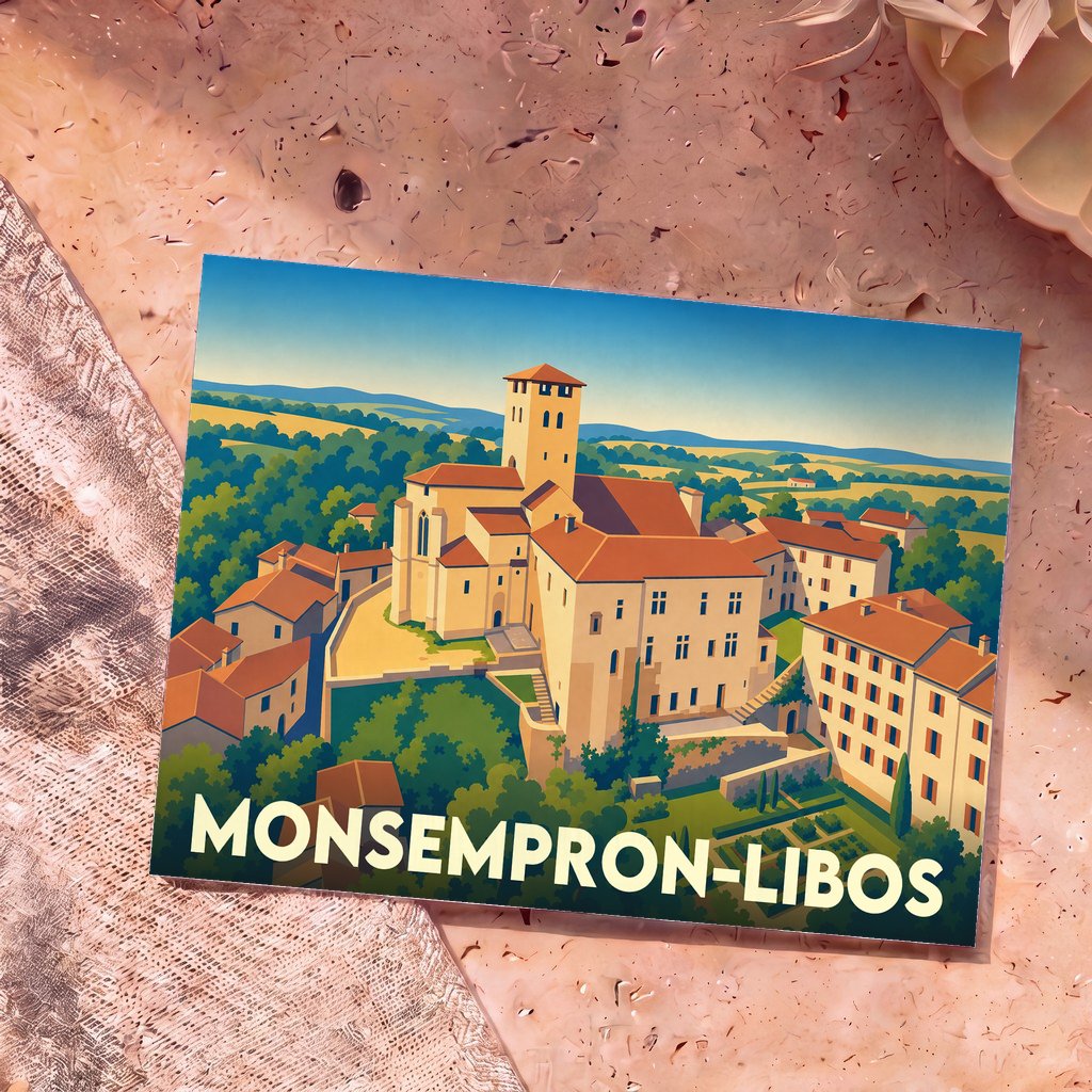 Carte postale souvenir de la ville de Monsempron-Libos avec une illustration stylisée.