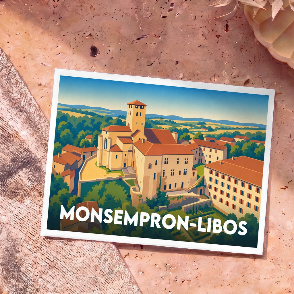 Carte postale souvenir de la ville de Monsempron-Libos avec une illustration stylisée.