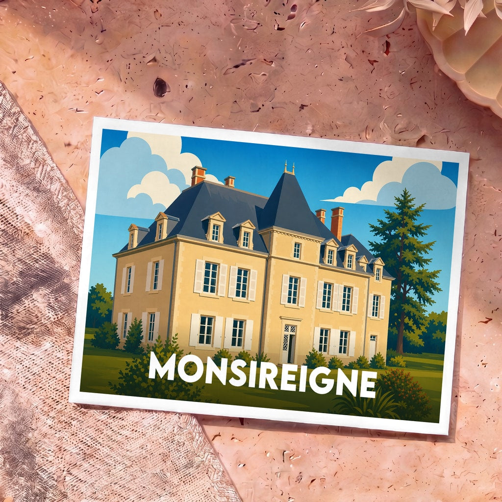 Carte postale souvenir de la ville de Monsireigne illustrant un château stylisé sous un ciel nuageux.