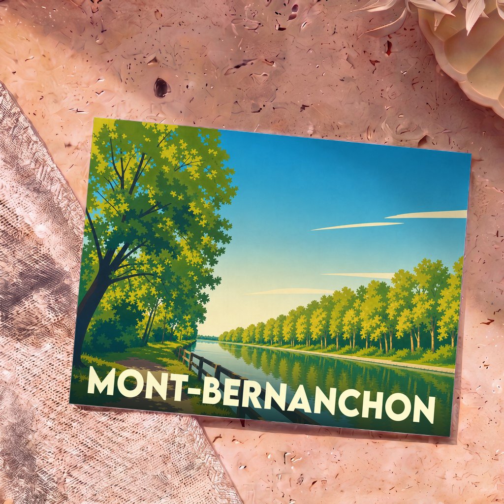 Carte postale souvenir de la ville de Mont-Bernanchon illustrant un canal bordé d'arbres dans un style rétro.