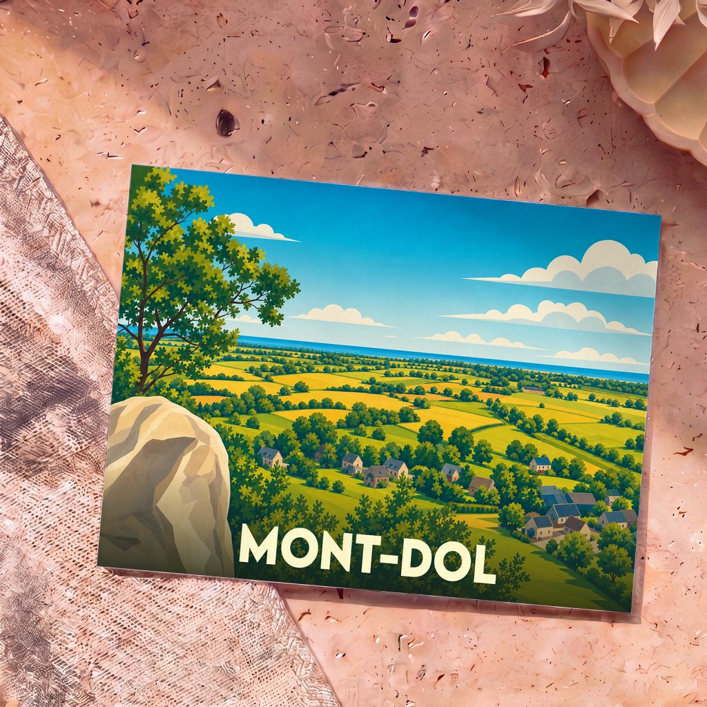 Carte postale souvenir de la ville de Mont-Dol avec une illustration stylisée d'un paysage champêtre vu depuis une hauteur rocheuse.