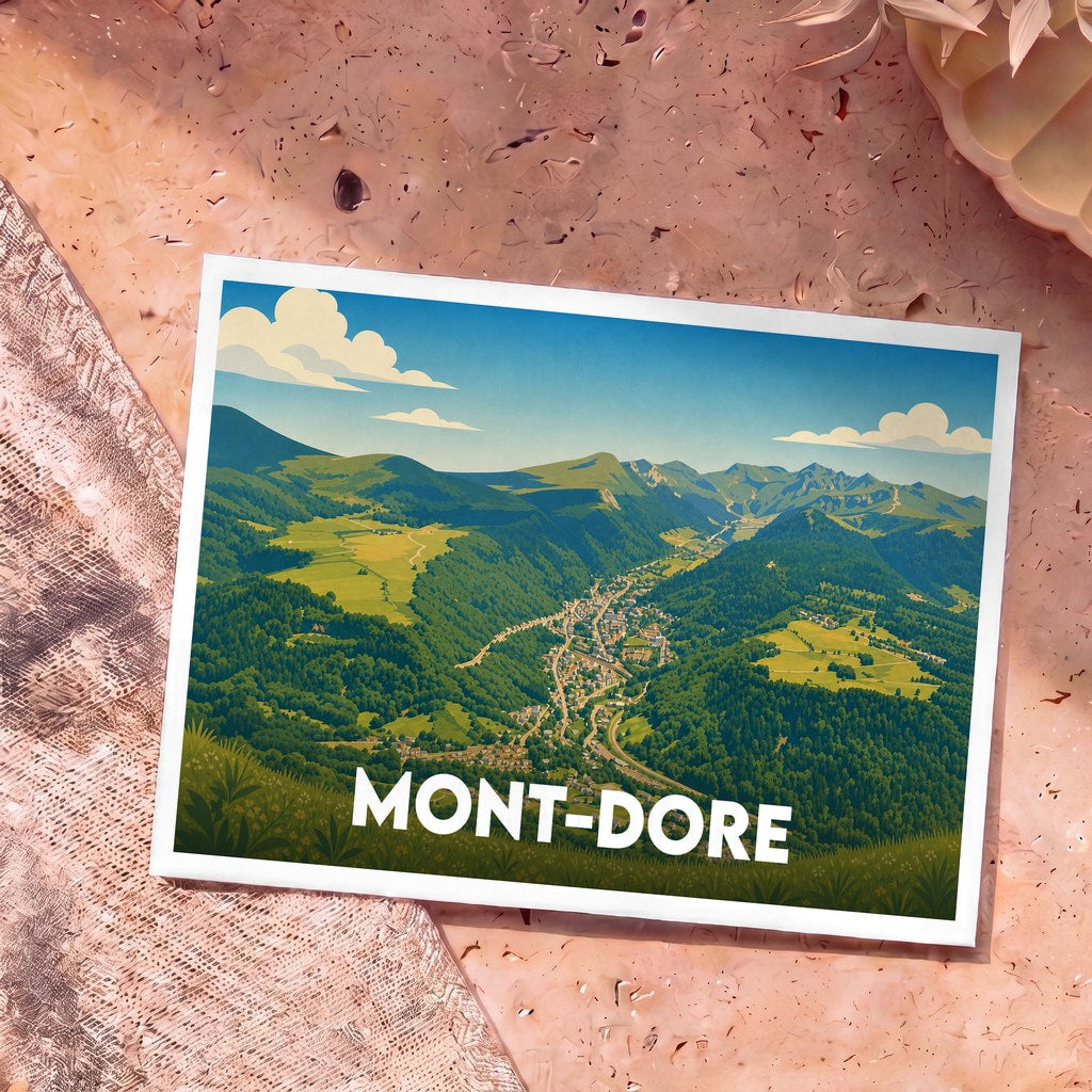 Carte postale souvenir de la ville de Mont-Dore illustrée d'un panorama montagneux verdoyant et stylisé.