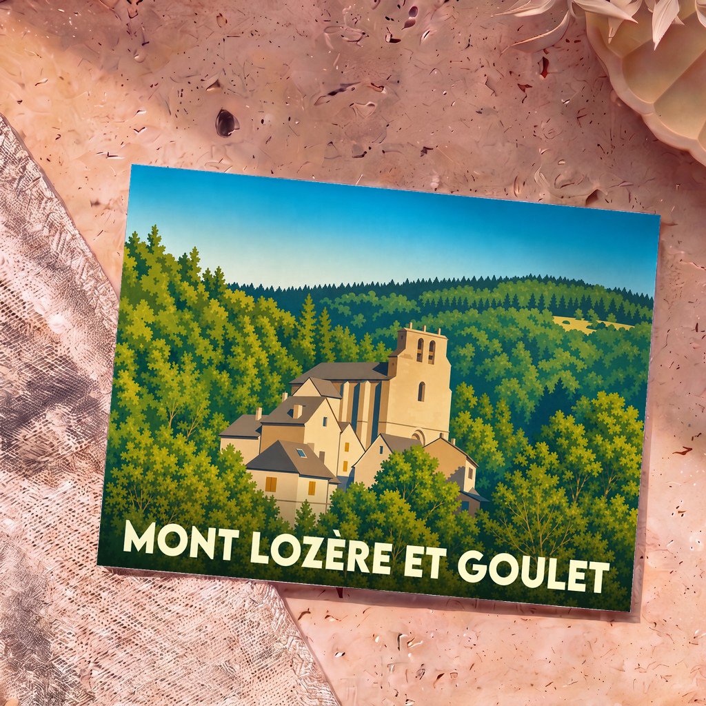 Carte postale souvenir de la ville de Mont Lozère et Goulet avec une illustration stylisée d'un village niché dans une forêt.