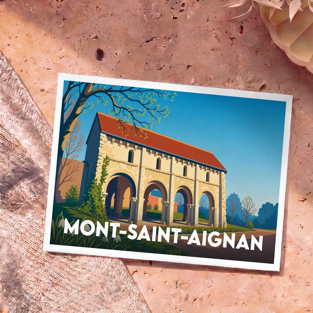 Carte postale souvenir de la ville de Mont-Saint-Aignan avec une illustration stylisée de l'église Saint-Thomas-du-Mont.