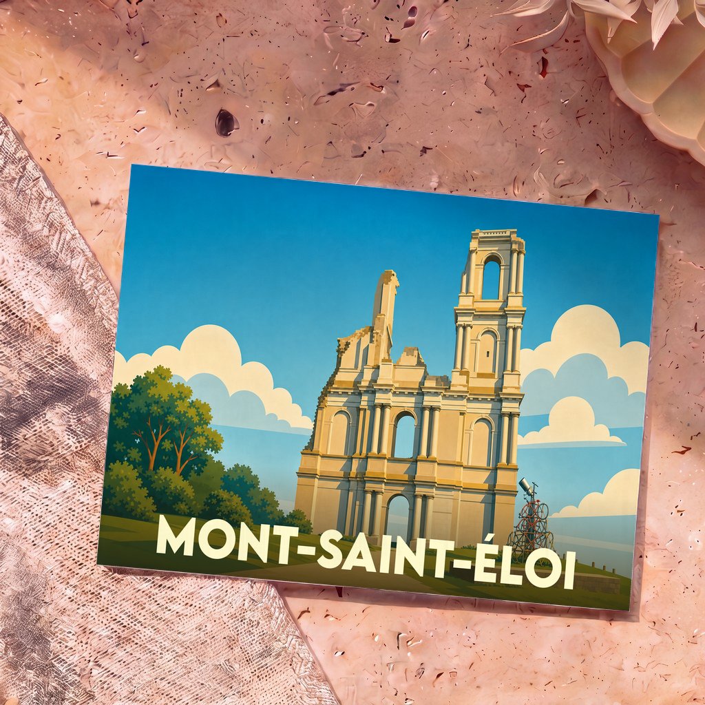 Carte postale souvenir de la ville de Mont-Saint-Éloi avec une illustration stylisée de ses tours en ruines.