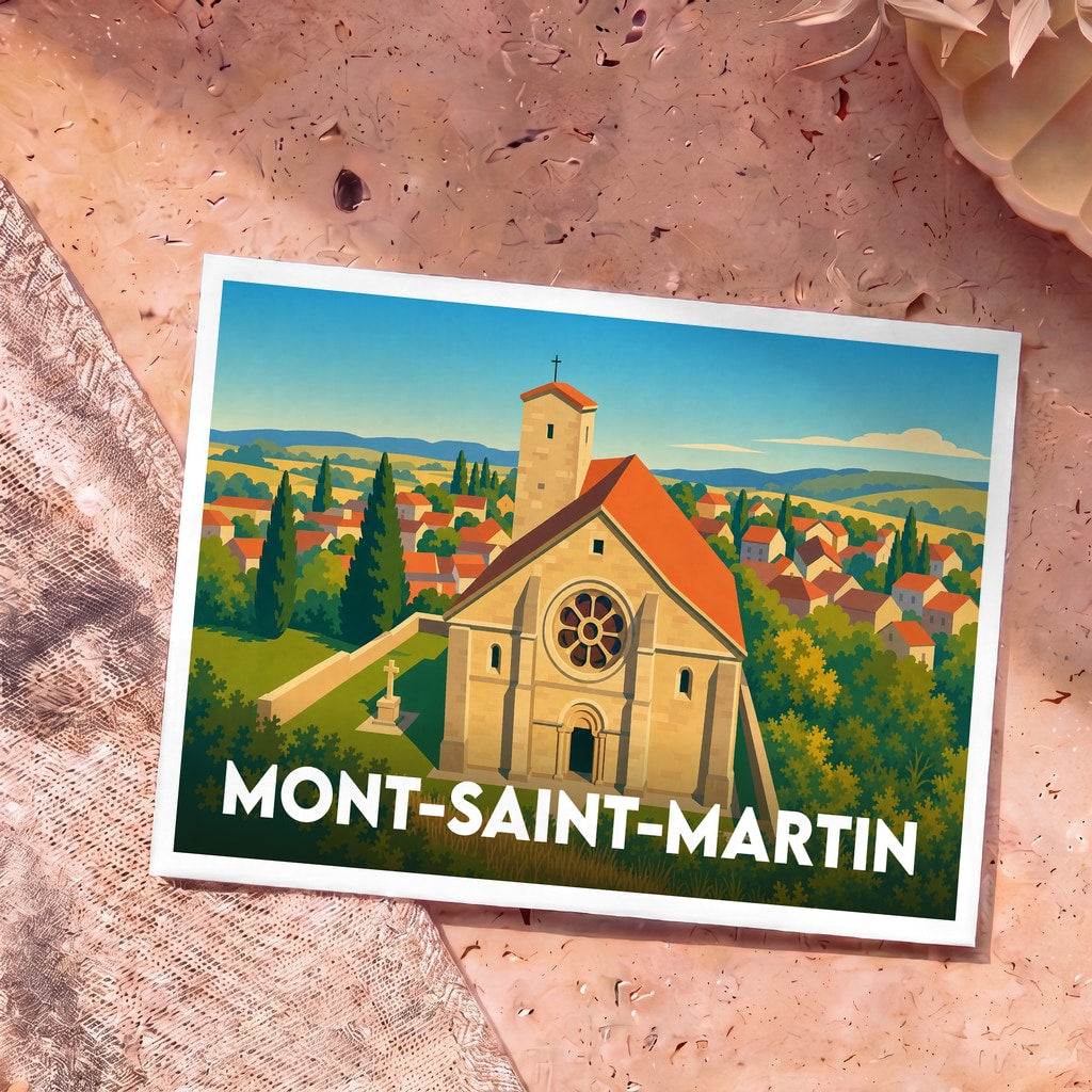 Carte postale souvenir de la ville de Mont-Saint-Martin avec une illustration stylisée d'une église romane surplombant le village.