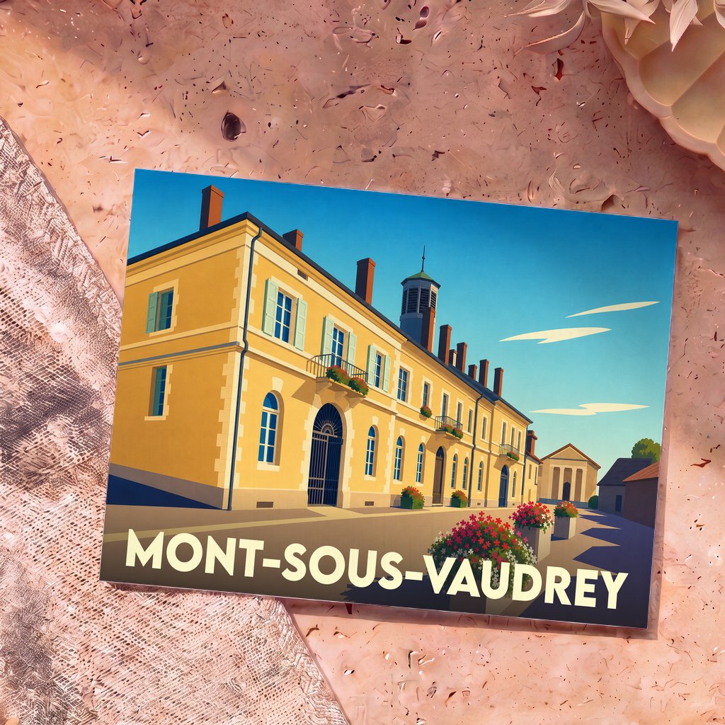 Carte postale souvenir de la ville de Mont-sous-Vaudrey avec une illustration stylisée d'un bâtiment historique.