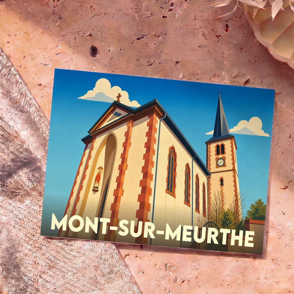 Carte postale souvenir de Mont-sur-Meurthe illustrant l'église locale dans un style graphique épuré.