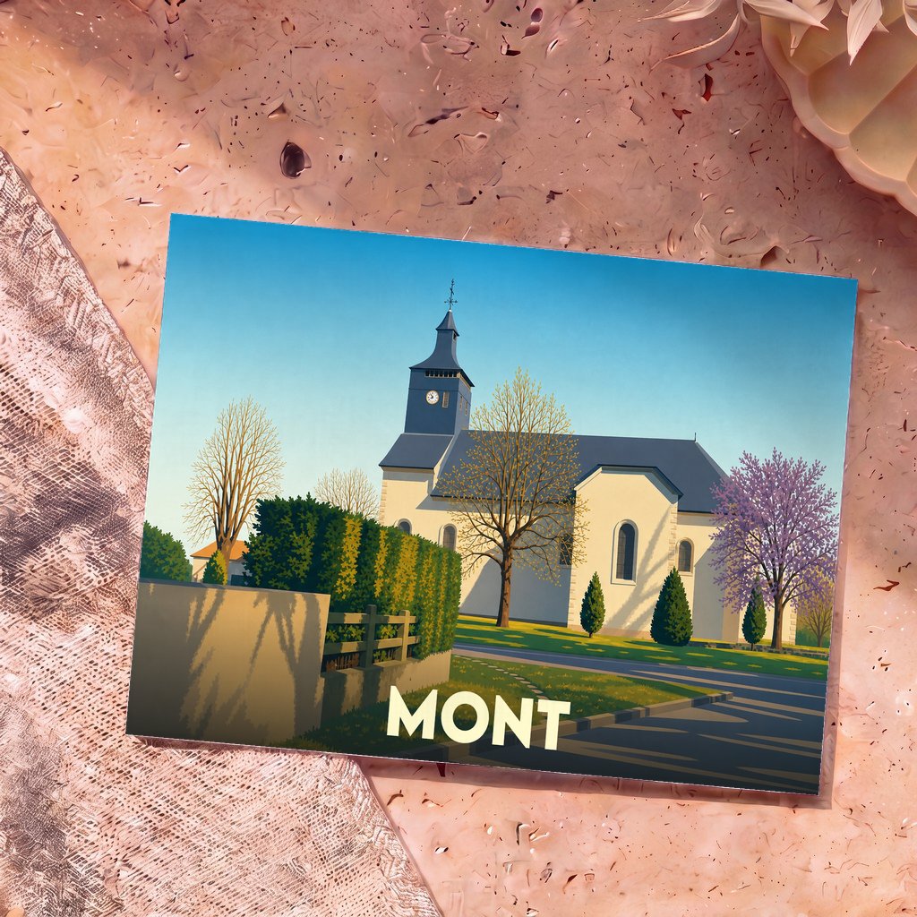 Carte postale souvenir de la ville de Mont avec une illustration stylisée d'une église sous un ciel bleu.