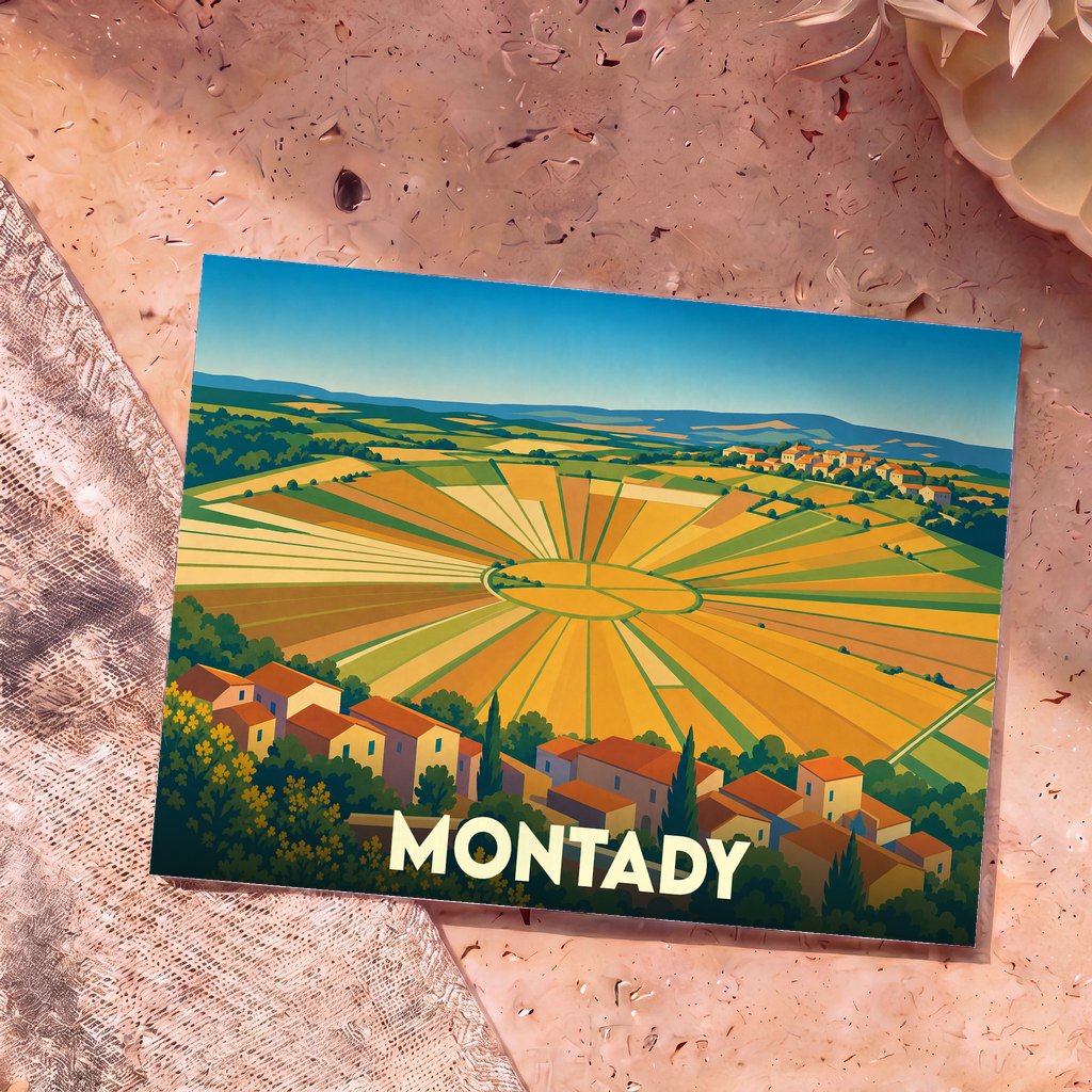 Carte postale souvenir de Montady illustrant son célèbre étang asséché aux champs disposés en étoile.