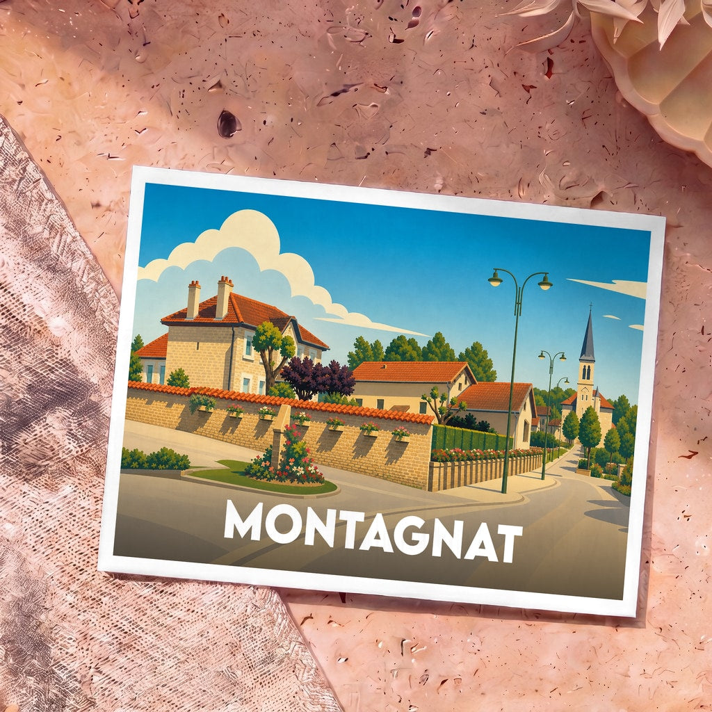 Carte postale souvenir de la ville de Montagnat avec une illustration stylisée.
