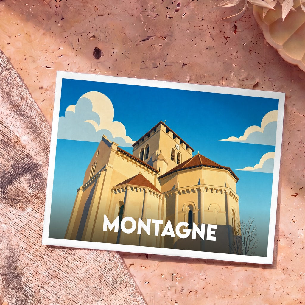 Carte postale souvenir de la ville de Montagne illustrant son église dans un style graphique épuré.