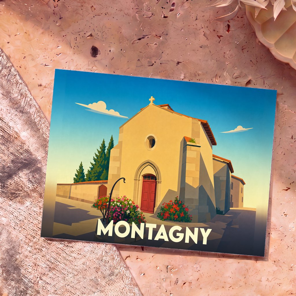 Carte postale souvenir de la ville de Montagny avec une illustration stylisée d'une église sous un ciel bleu.