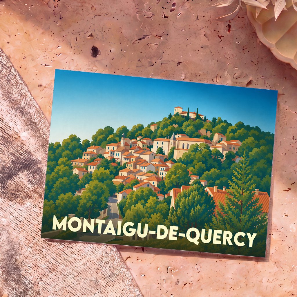 Carte postale souvenir de la ville de Montaigu-de-Quercy avec une illustration stylisée.