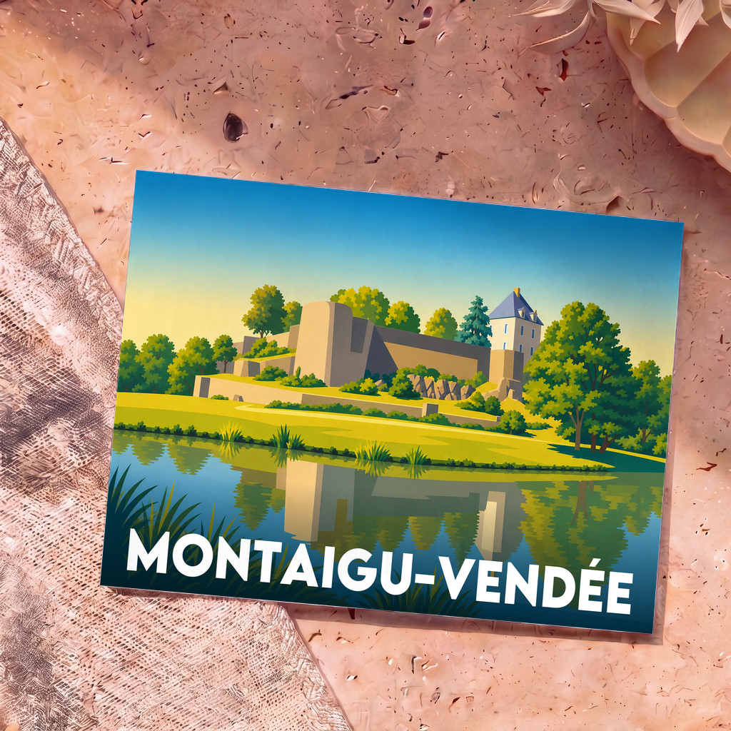 Carte postale souvenir de la ville de Montaigu-Vendée avec une illustration stylisée de son château se reflétant dans l'eau.